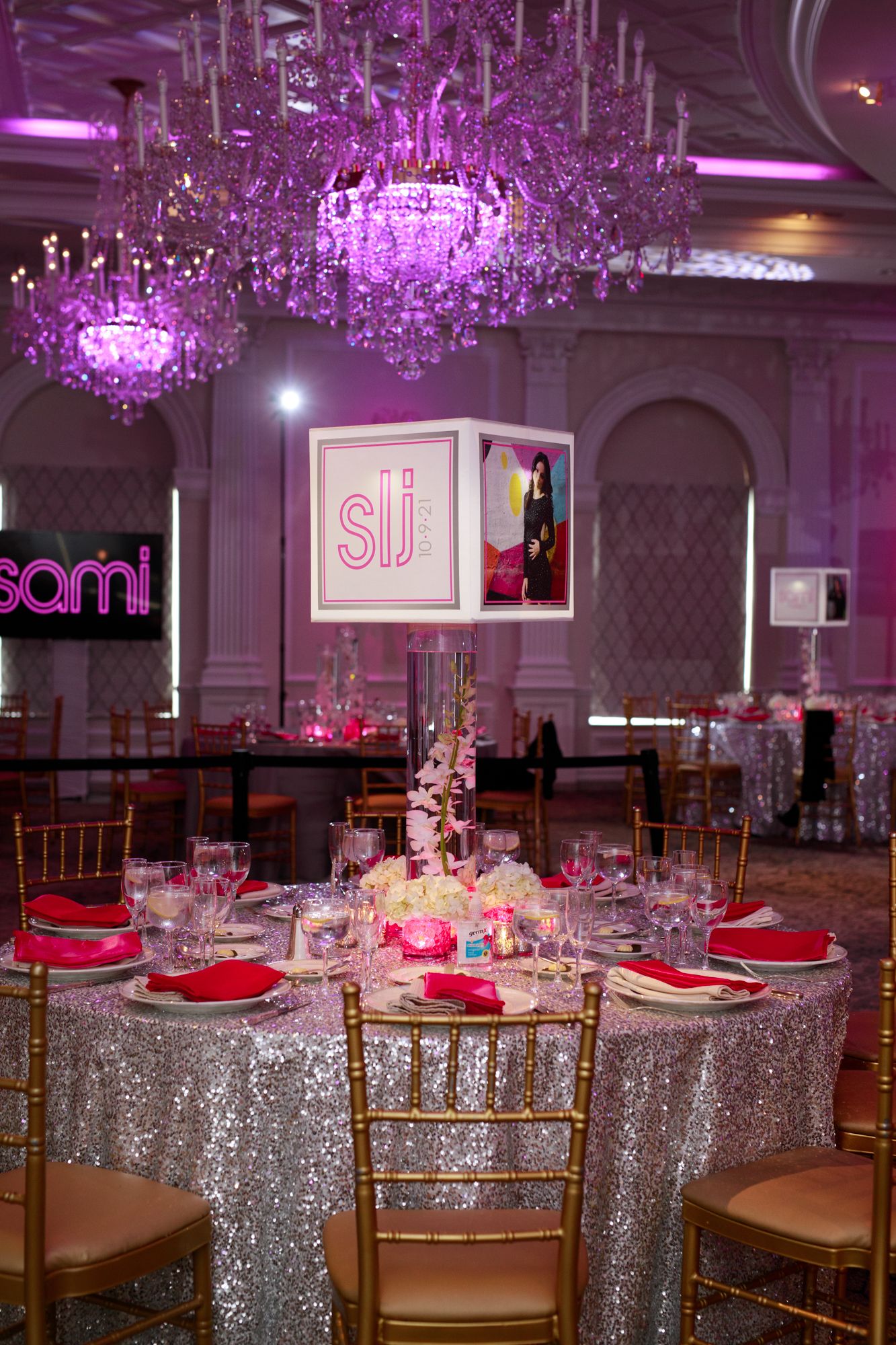 Beautiful Custom Lampshade Centerpiece on Cylinder with Orchids, Votives and LED Hydrangea Arrangements