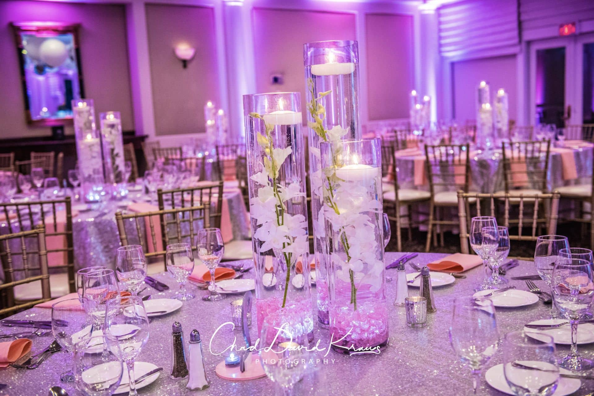 LED Orchid Centerpiece with Pink Chips and Floating Candles at Hampshire Country Club