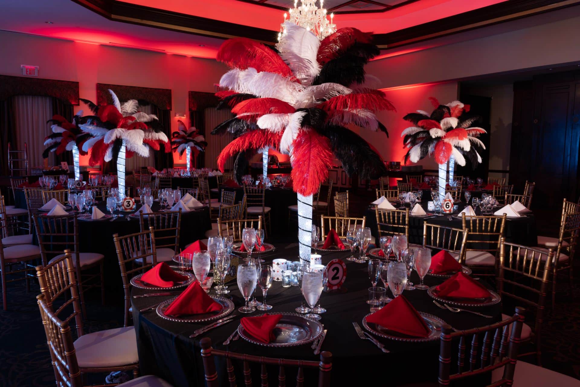 Red, Black and White Feather Centerpieces with Custom Votives for Casino Themed Bar Mitzvah at Temple Emanu-el, Closter, NJ