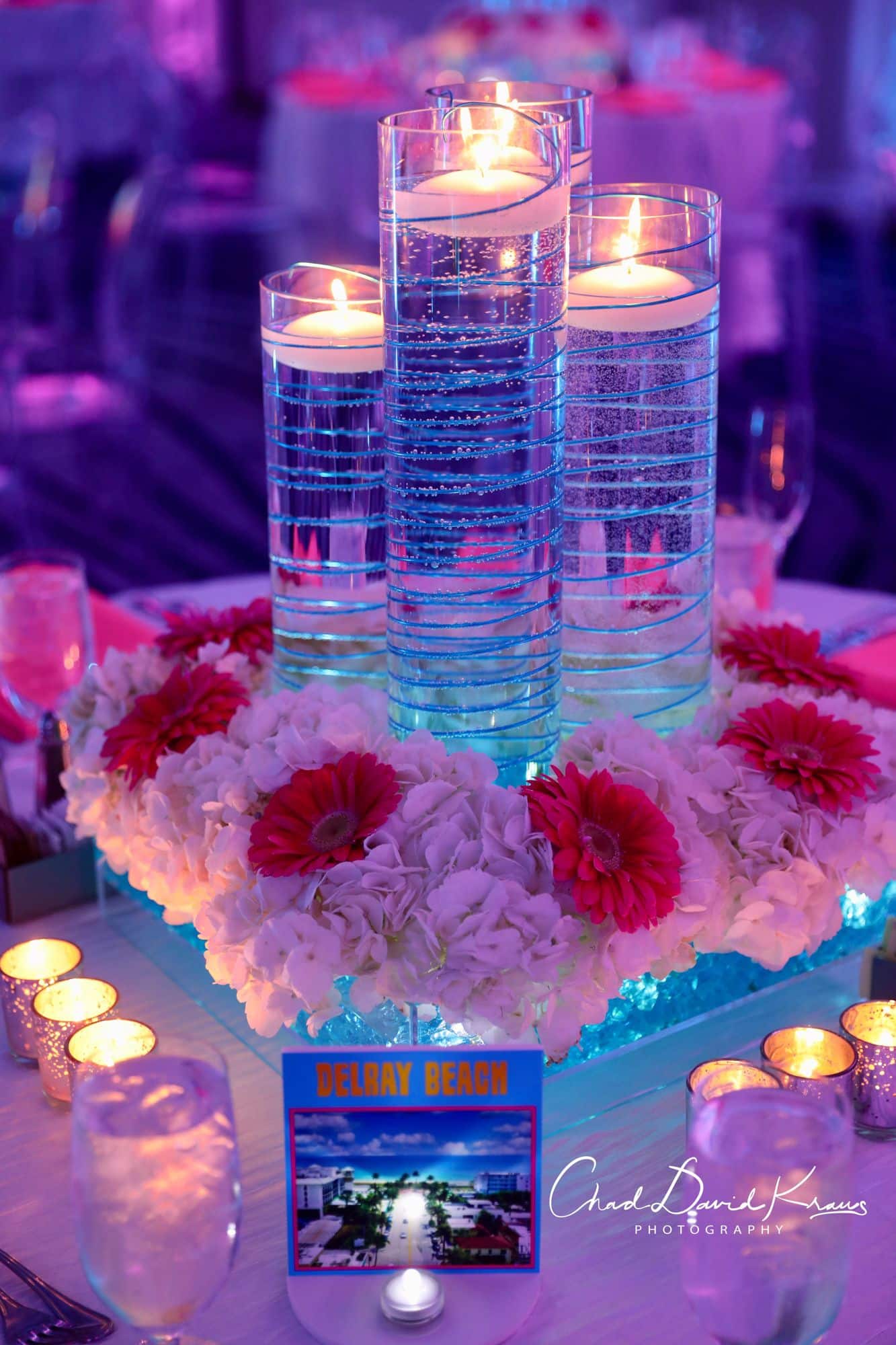 LED Wire Centerpiece in Hydrangea and Gerber Daisy Base with Floating Candles