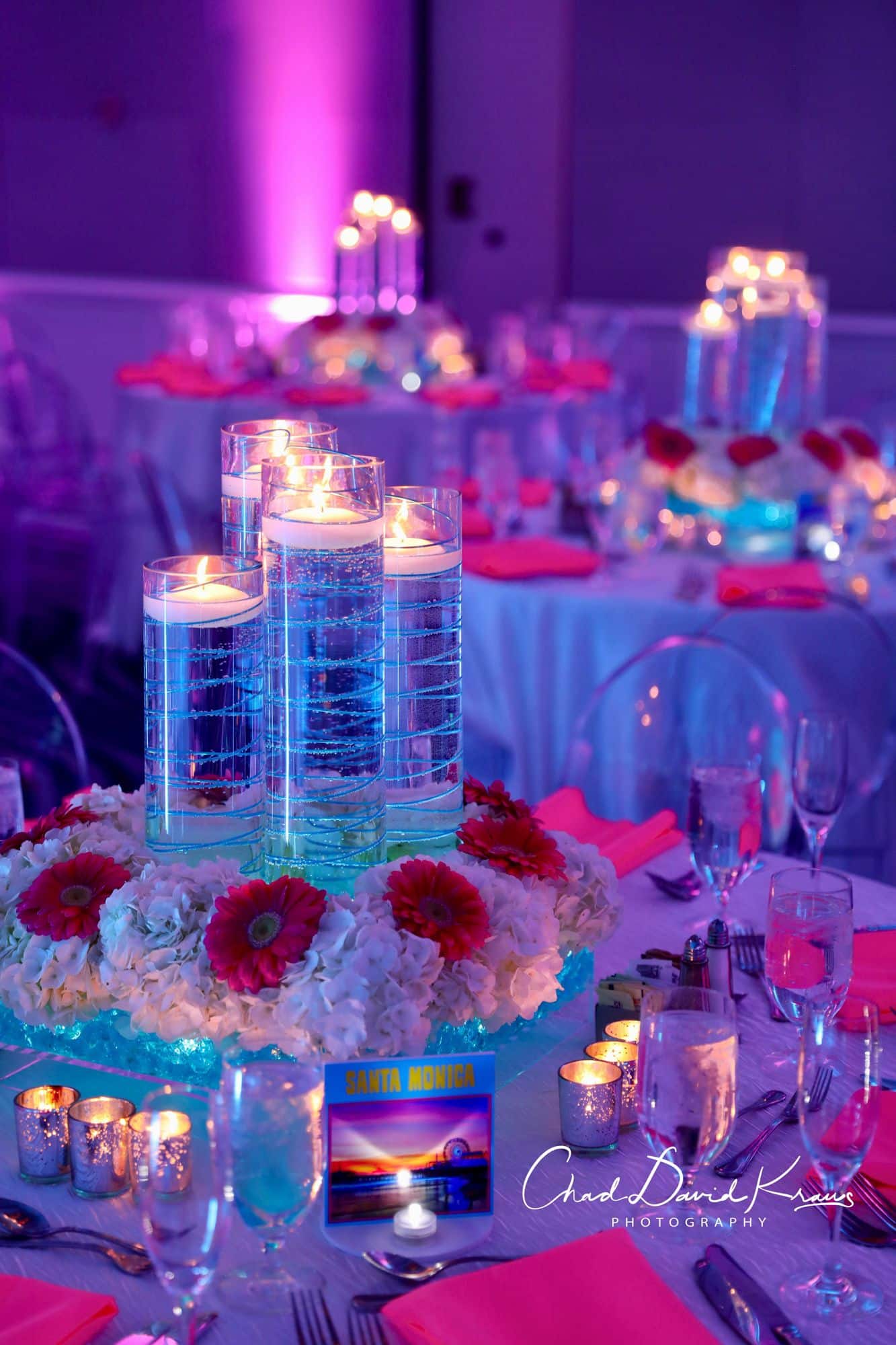 LED Wire Centerpiece in Hydrangea and Gerber Daisy Base with Floating Candles