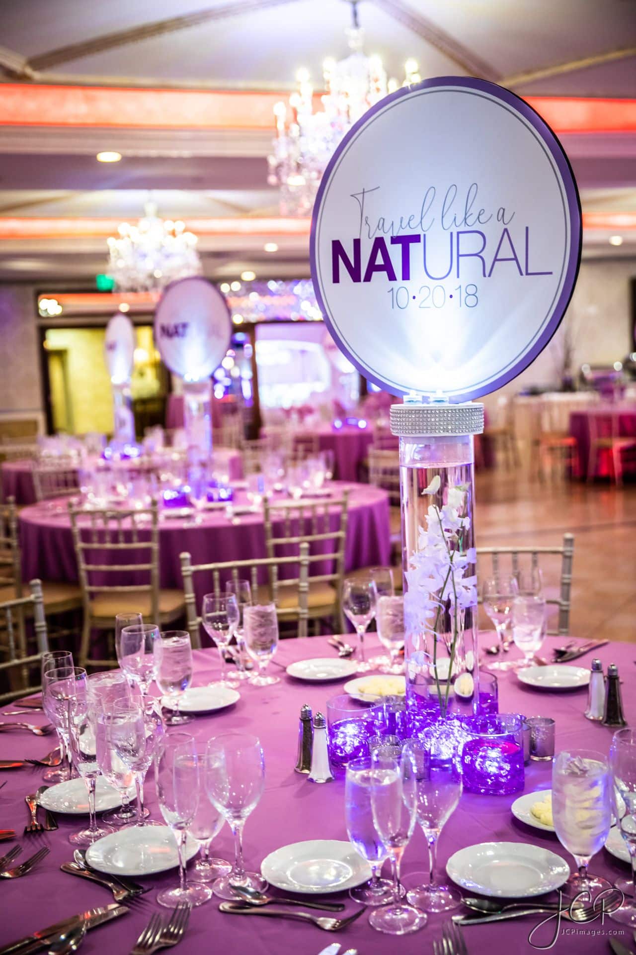 Custom Travel Theme Logo Topper on a Cylinder with an Orchid and LED Chips for a Bat Mitzvah