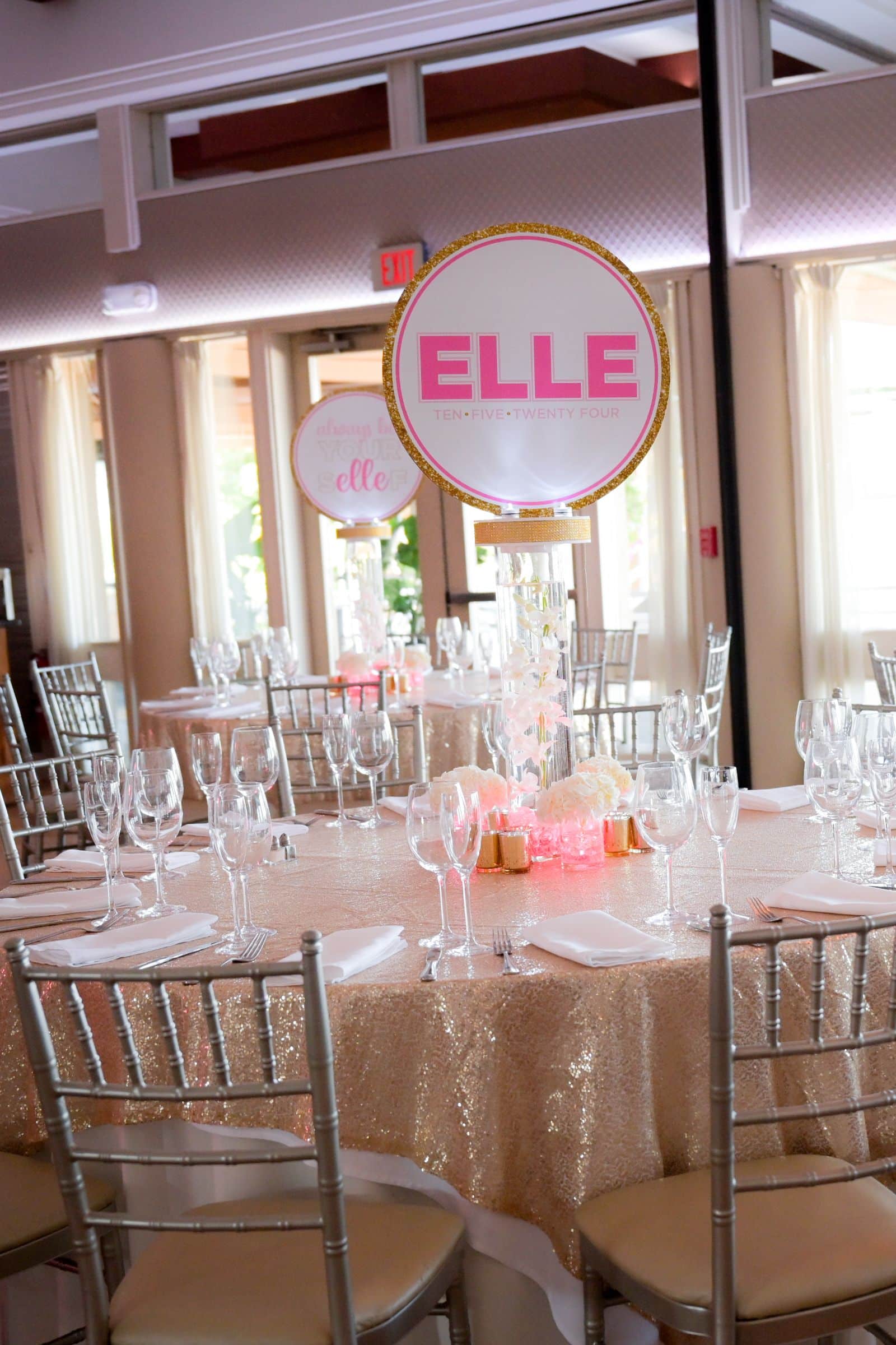 Orchid and LED Chip Centerpiece with Logo Topper and Accessories for a Bat Mitzvah