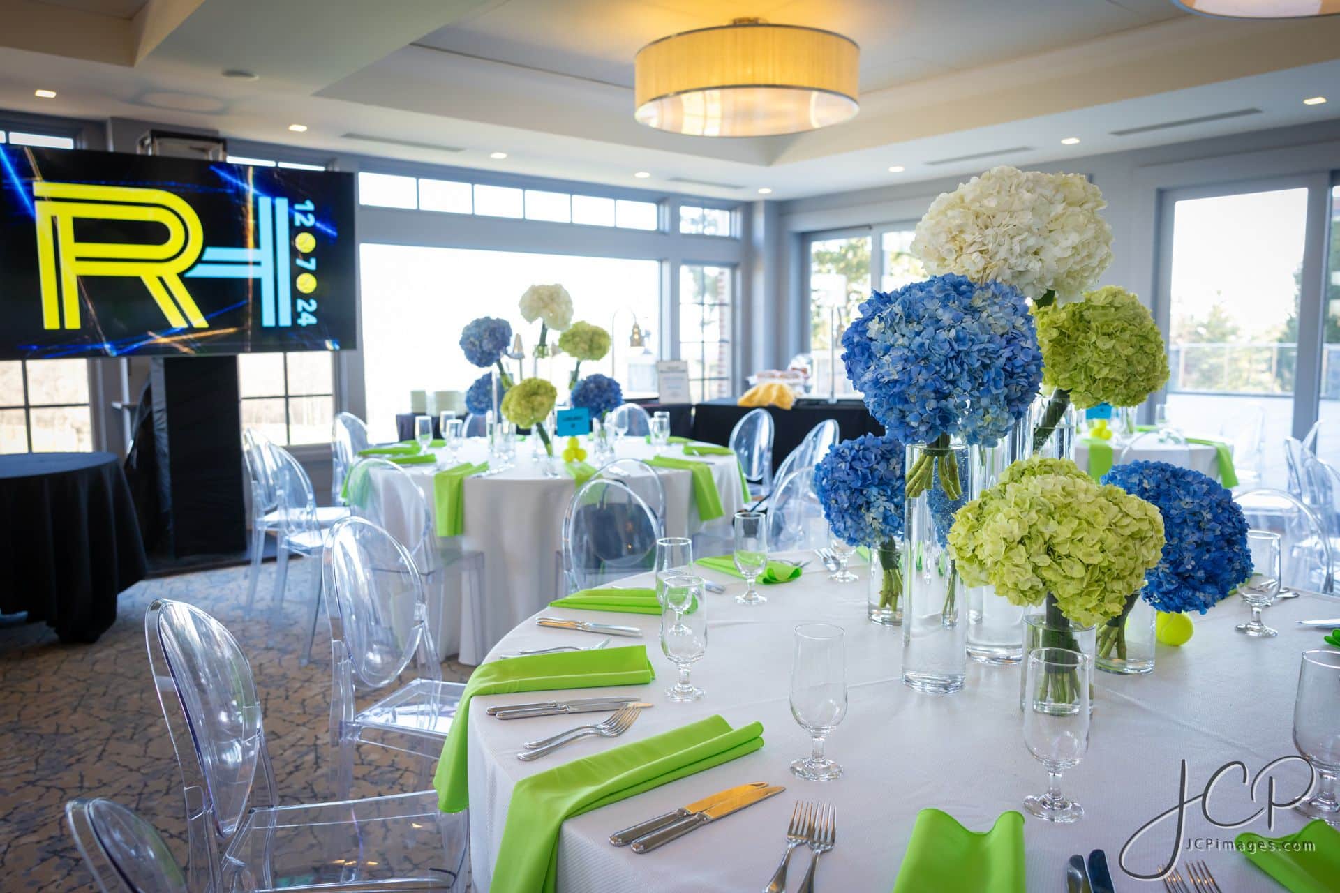 Hydrangea Centerpieces for a Tennis Theme Bar Mitzvah