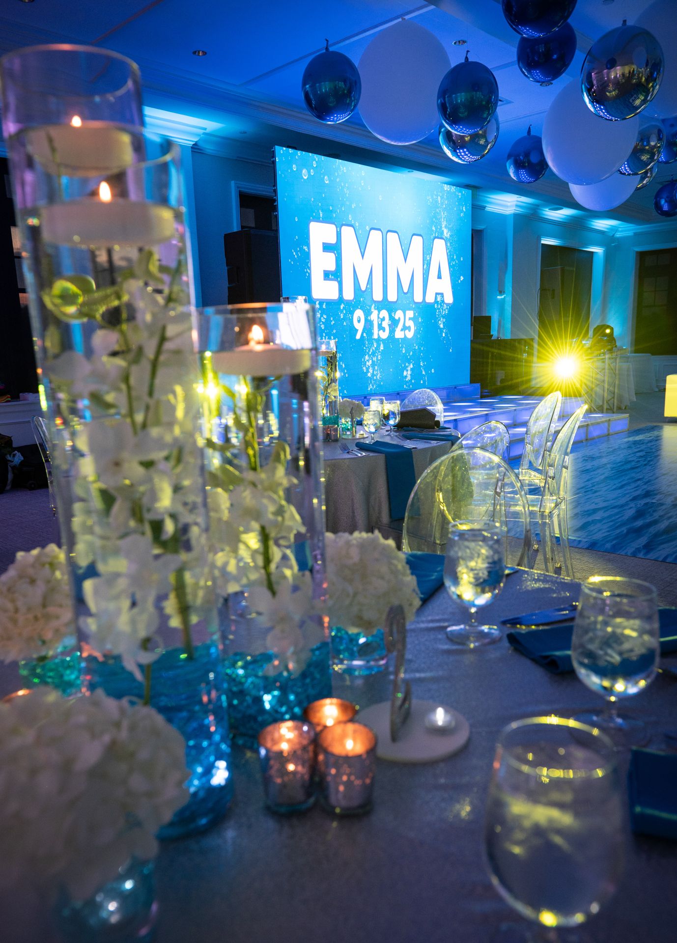 Water Themed Centerpiece with Orchids and Hydrangeas