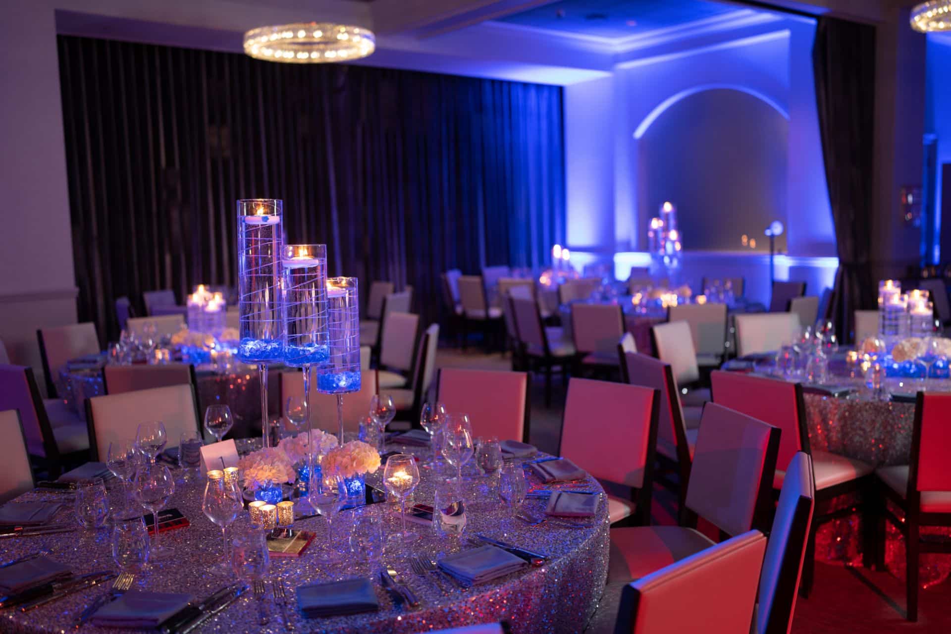 LED Wire Centerpieces with Floating Candles and Hydrangeas at Alpine Country Club