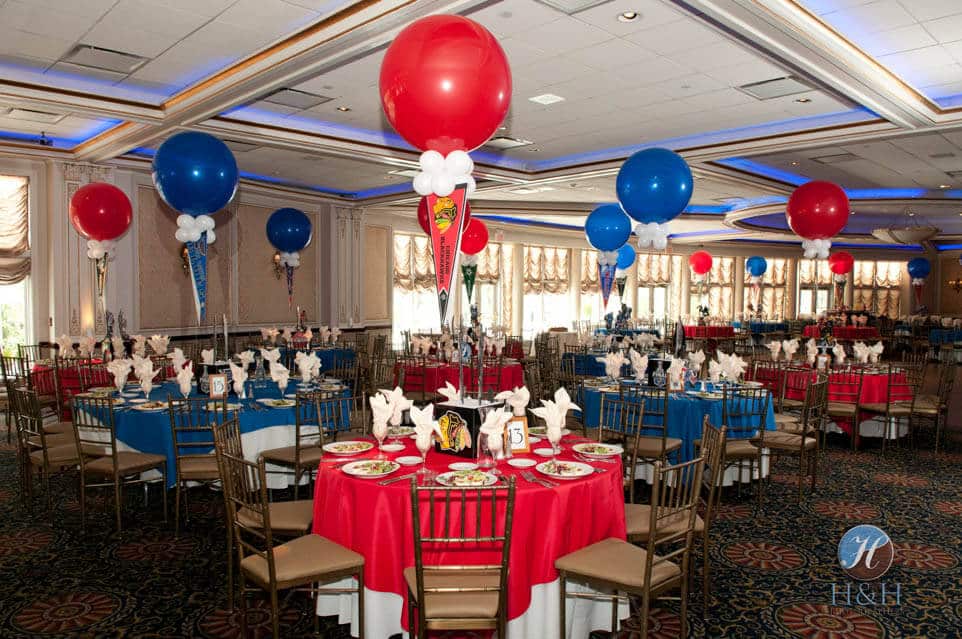 Hockey Themed Bar Mitzvah with Sports Cube Centerpieces and 36" Balloons with Floating Pennants at VIP Club, New Rochelle