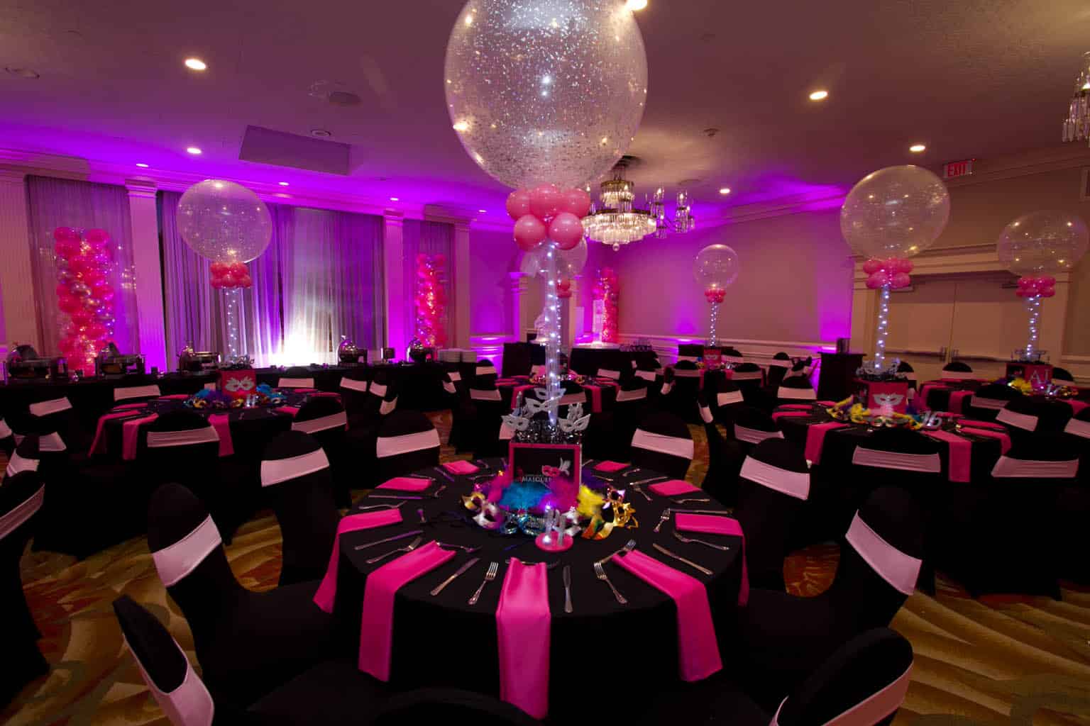 Masquerade Themed Bat Mitzvah with Sparkle Balloons & Photo Cube Centerpieces, Pink Uplighting, Balloon Columns and Chair Covers at the Doubletree Tarrytown