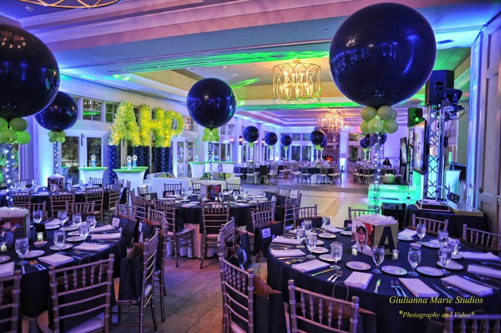 Navy and Lime Bar Mitzvah with Custom Cube Centerpieces, Initials Balloon Sculpture and Blue Uplighting at Indian Trail Club