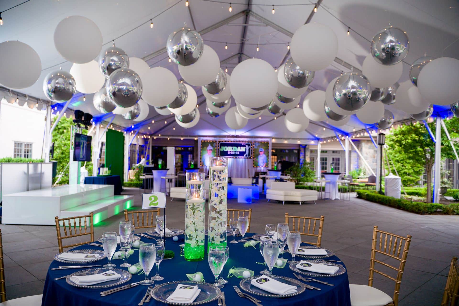 Incredible Bat Mitzvah Party in a Tent at Temple Emanu-El of Closter with Custom LED Lounge, Ceiling Treatment and Orchids LED Centerpiece