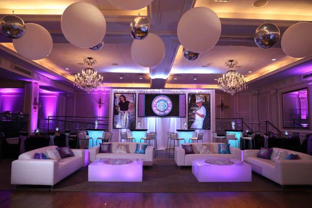 Starbucks Themed Bat Mitzvah with White and Silver Orbz Ceiling Treatment, Custom LED Lounge Setup and Logo Backdrop with Photos and Lights at the Westin Governor Morris Inn, NJ