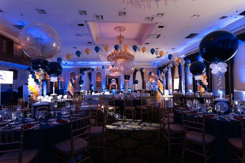 Navy and Gold Bar Mitzvah with Photo Cube and Balloon Centerpieces, Balloon Gazebo over Dance Floor and Custom Logo Sign at Florentine Gardens, NJ