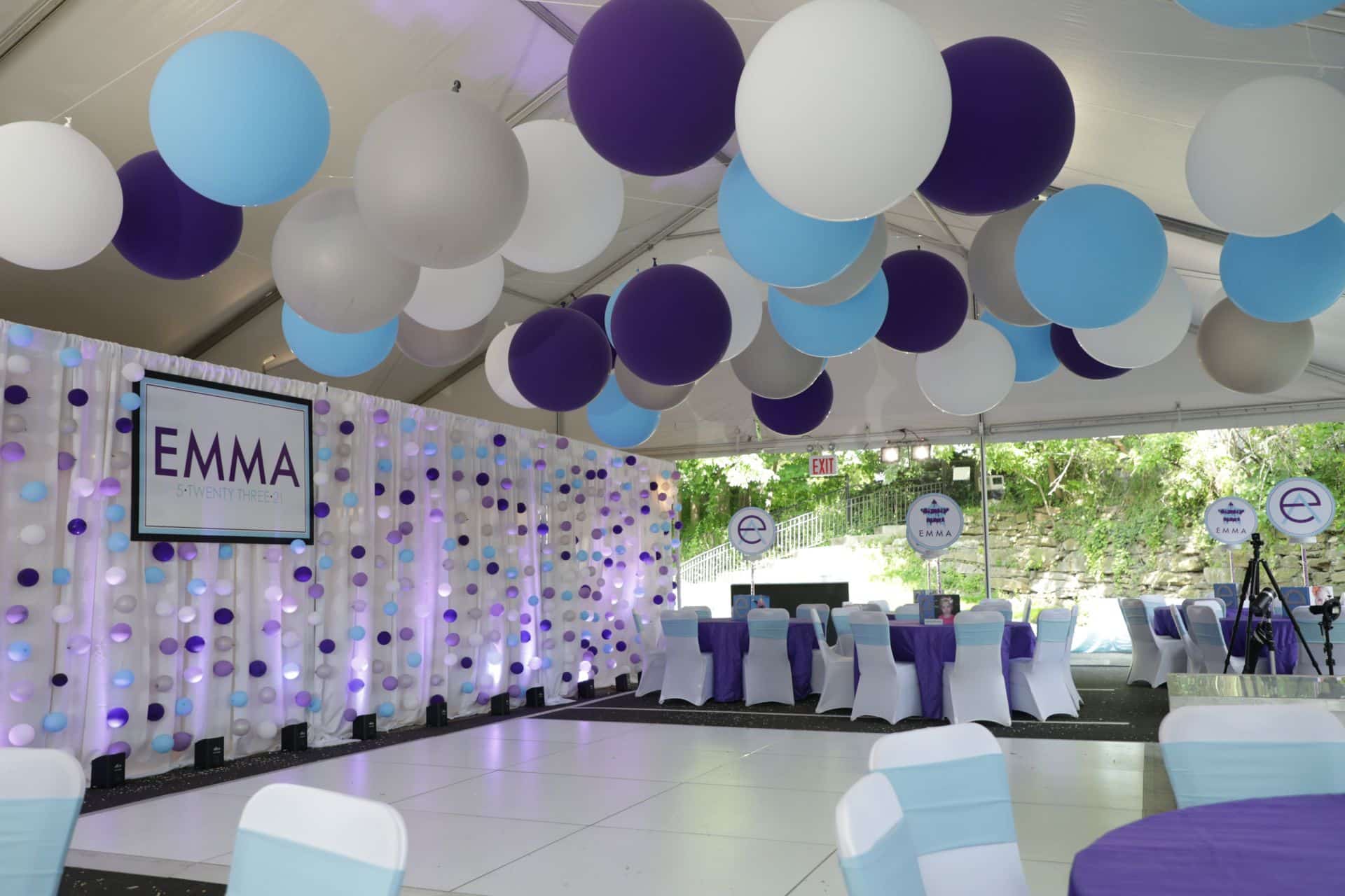 Wonderful Tent Party with Bubble Balloon Wall, Custom Backdrop, 3' Balloon Ceiling Treatment and Logo Centerpiece Bat Mitzvah at Young Israel Scarsdale