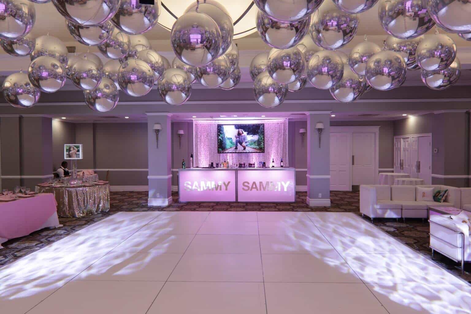 Bat Mitzvah Setup with Metallic Orbz over Dance Floor, LED Bar and Bling and Photo Backdrop at Cedar Hill Country Club, NJ