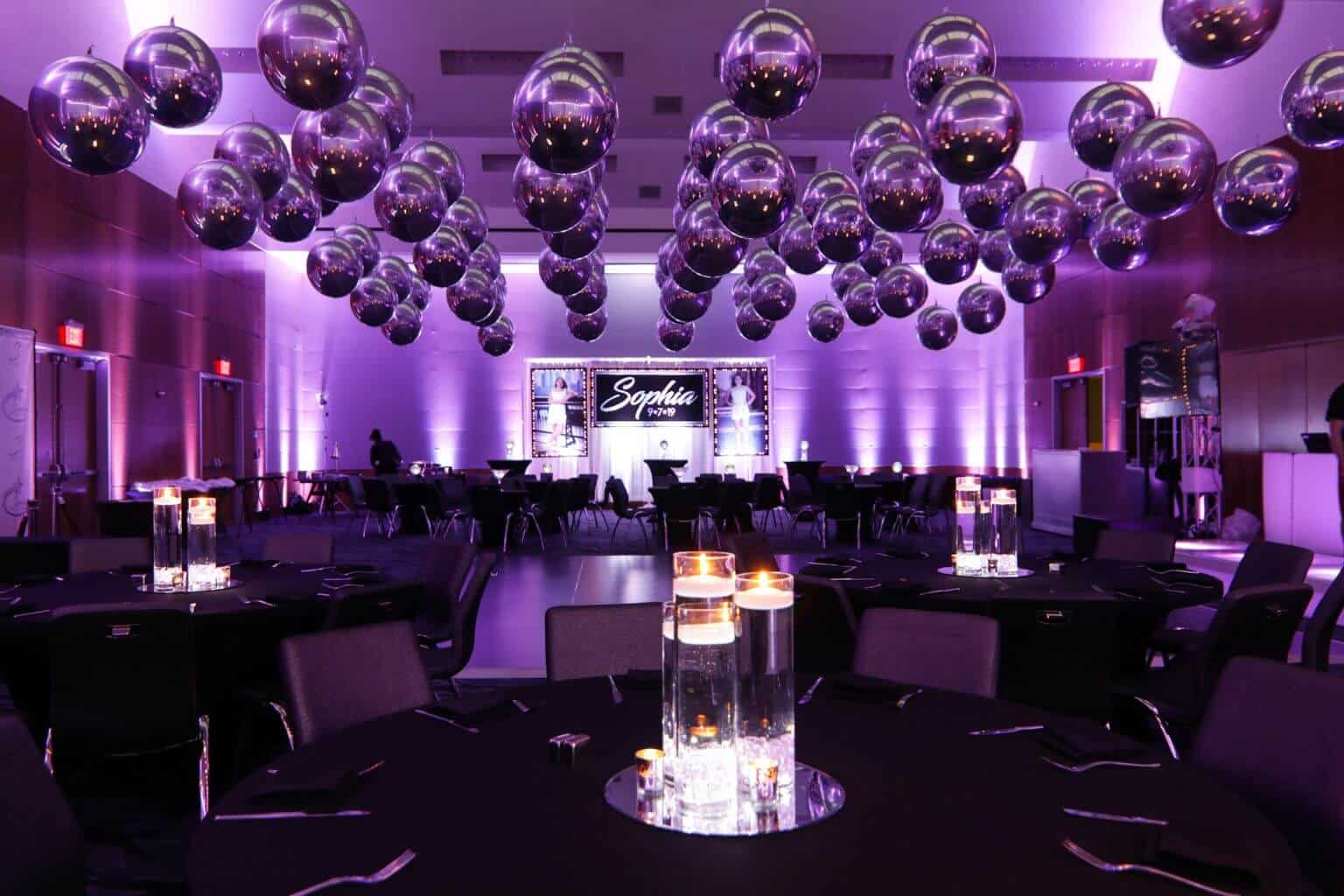 Galaxy Themed Bat Mitzvah with Metallic Orbz Ceiling Treatment, LED Centerpieces and Logo Backdrop at the W Hotel, Hoboken