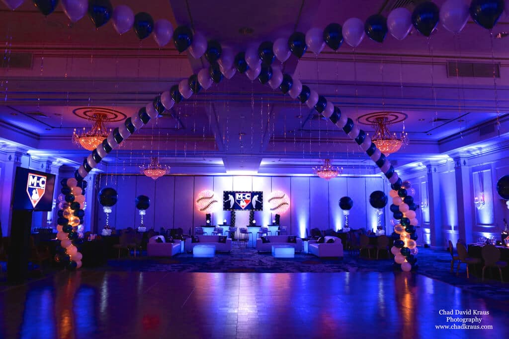 Yankees Themed Bar Mitzvah with Custom Lounge, Balloon Gazebo, Logo Backdrop and Baseball Balloon Sculptures at the Pearl River Hilton