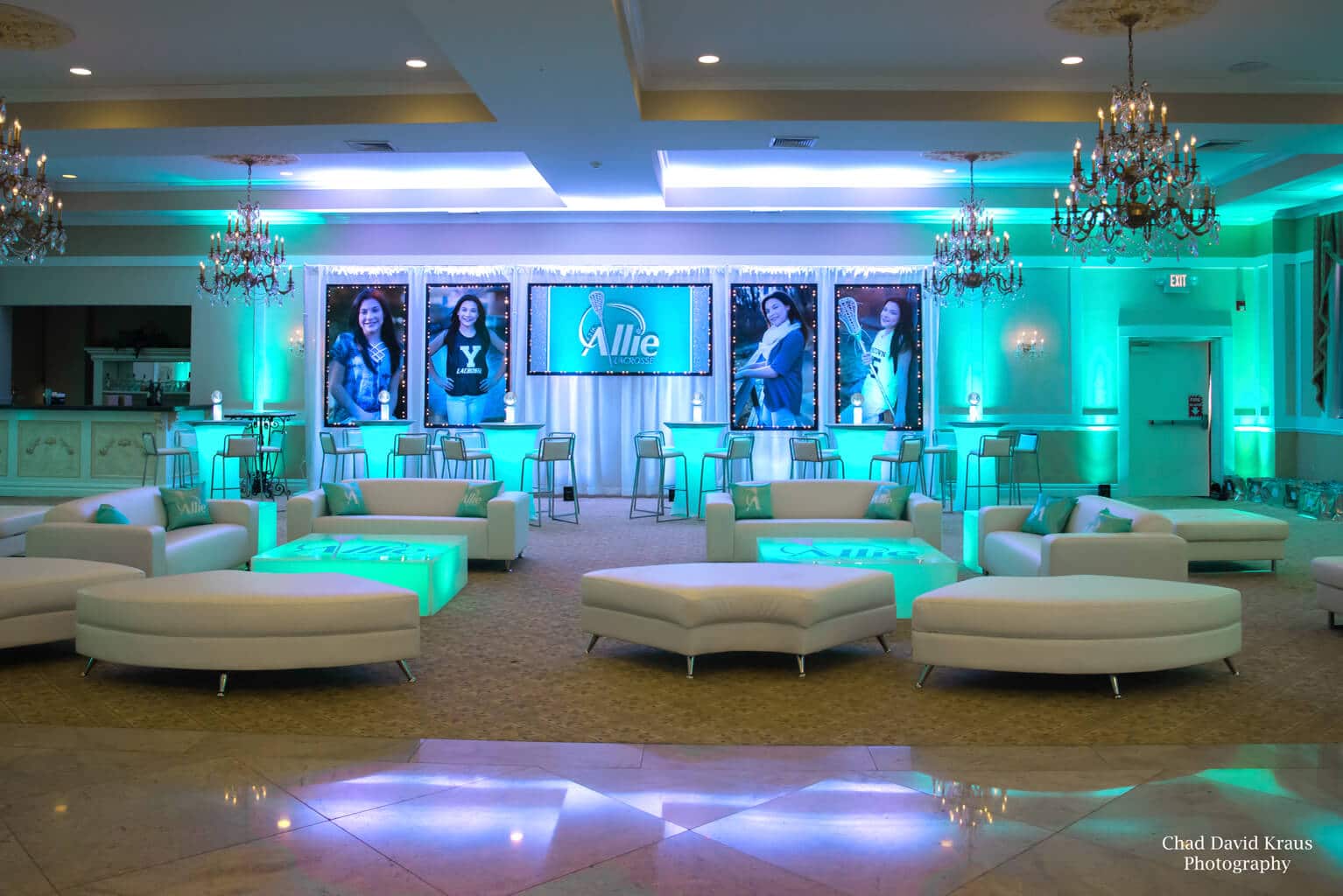 Lacrosse Themed Bat Mitzvah with Custom Lounge Setup, Logo Backdrop, Blowup Photos & LED Uplighting at Villa Barone Hilltop Manor