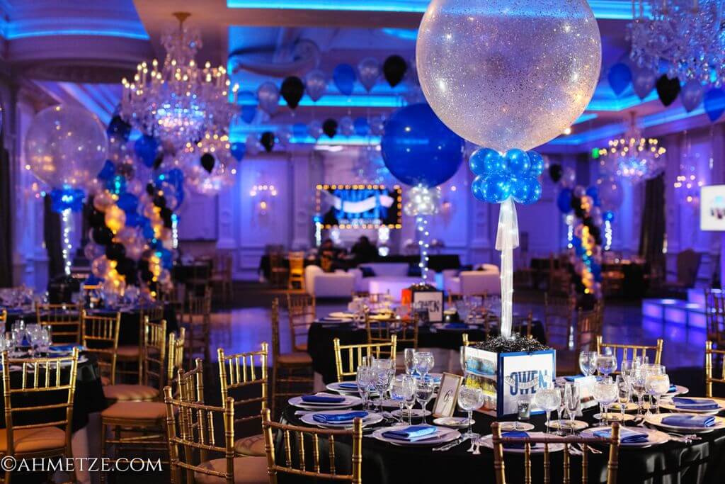 Music Themed Bar Mitzvah with Photo Cube Centerpieces and Alternating Sparkle and Solid Balloons at The Rockleigh