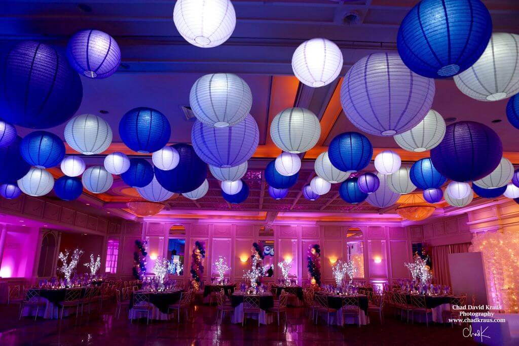 Purple Themed Bat Mitzvah with LED Lanterns on Ceiling and LED Tree Centerpieces at The Fountainhead, New Rochelle