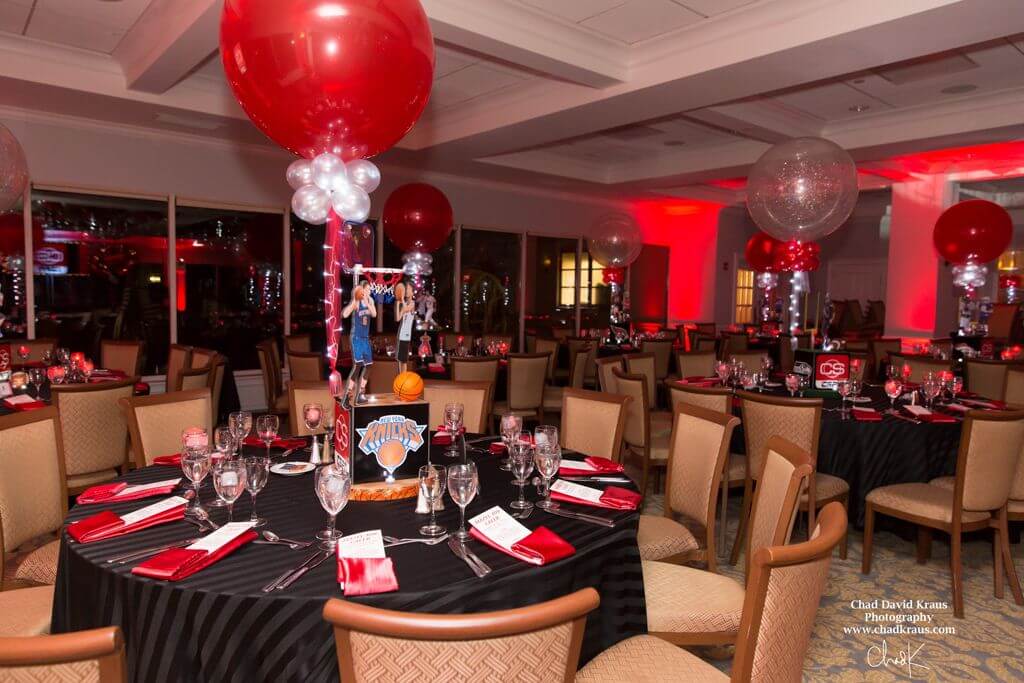 Sports Themed Bar Mitzvah with Custom Cube Centerpieces and Alternating Sparkle and Solid Balloons at Elmwood Country Club