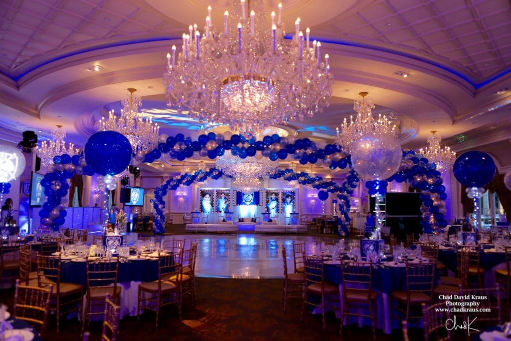 Ski Themed Bar Mitzvah with Balloon Wrap Around Dance Floor and Blue and Silver Balloon Centerpieces at The Rockleigh