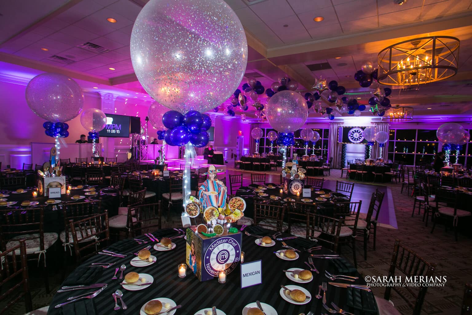 Master Chef Themed Bat Mitzvah with Custom Centerpieces, Sparkle Balloons, Ceiling Balloons and LED Lighting