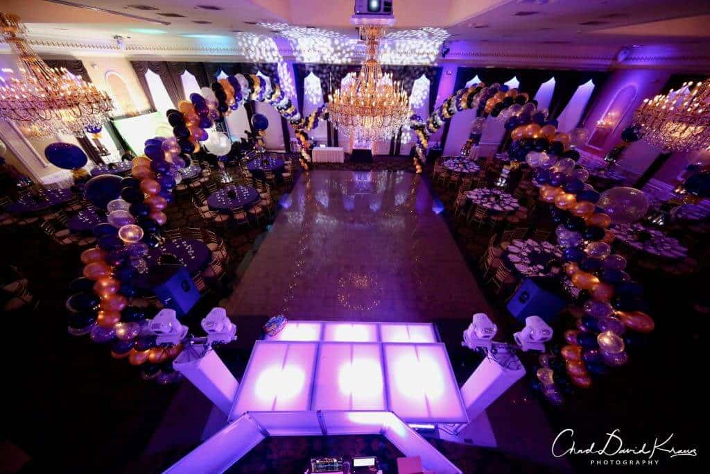 Broadway Themed Bar Mitzvah with Balloon Wrap around Dance Floor and 3' Balloon Centerpieces at Florentine Gardens, NJ