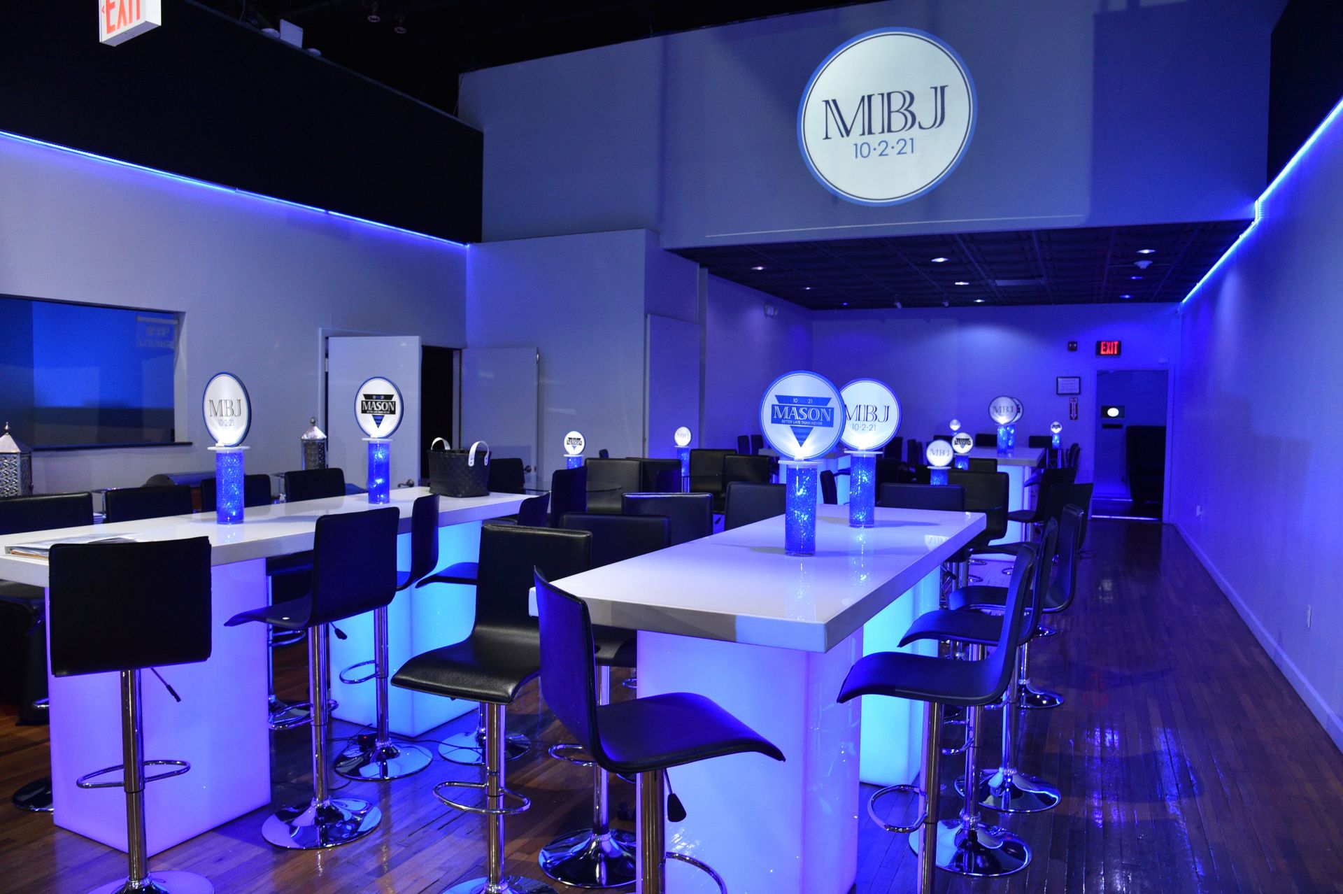 Bar Mitzvah at Club Infinity with Logo Topper on Cylinder with LED Royal Blue Aqua Gems High Top Centerpiece