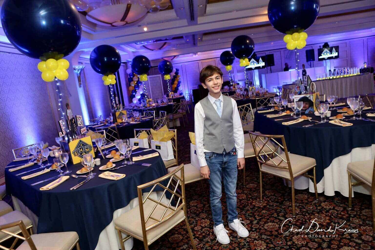 Navy and Yellow Game Themed Bar Mitzvah with Custom LED Centerpieces at Glen Island Harbour Club