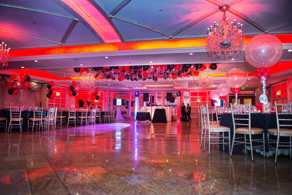 Red, Black and Silver Bar Mitzvah with Loose Balloons on Ceiling and LED Sparkle Balloon Centerpieces at Seasons Catering