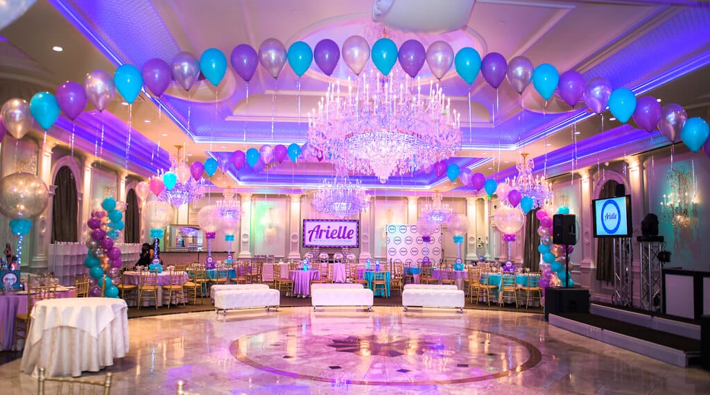 Turquoise and Lavender Bat Mitzvah with Balloon Gazebo over Dance Floor and LED Sparkle Balloon Centerpieces at The Rockleigh