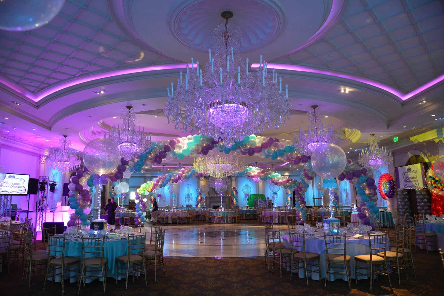 Candy Themed Bat Mitzvah with Balloon Wrap around Dance Floor, Photo Cube and Sparkle Balloon Centerpieces and Custom Backdrop and Balloon Sculptures at The Rockleigh