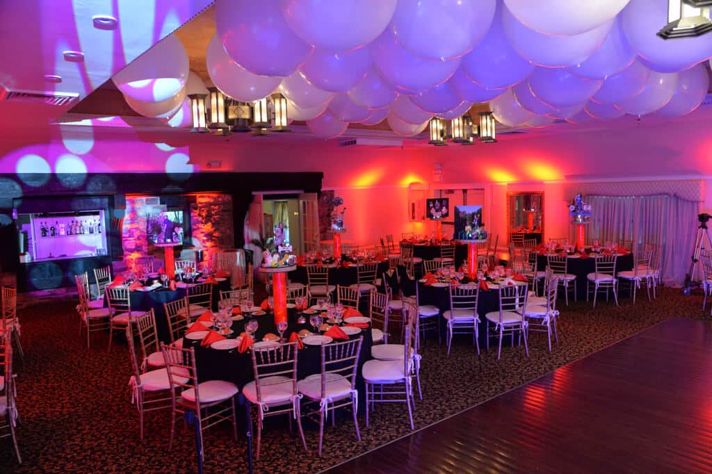 Everything Girl Bat Mitzvah with Diorama Centerpieces, White Balloons on Ceiling and Red Lighting