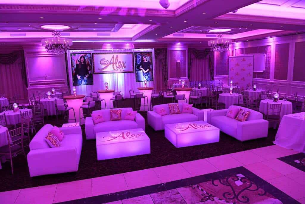 Pink and Gold Bat Mitzvah with Custom LED Lounge, Logo Sign with Glitter and Lights and Blowup Photos at Biagios, NJ