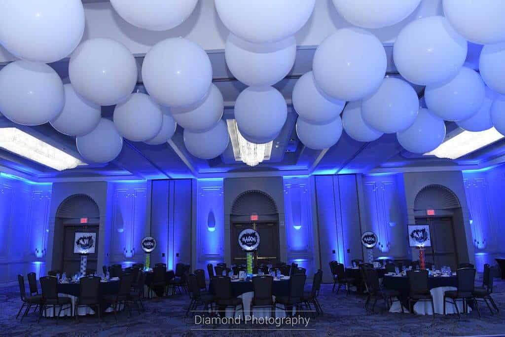 Graffiti Themed Bar Mitzvah with LED Logo Centerpieces, White Ceiling Balloons and Blue Uplighting at the Park Ridge Marriott