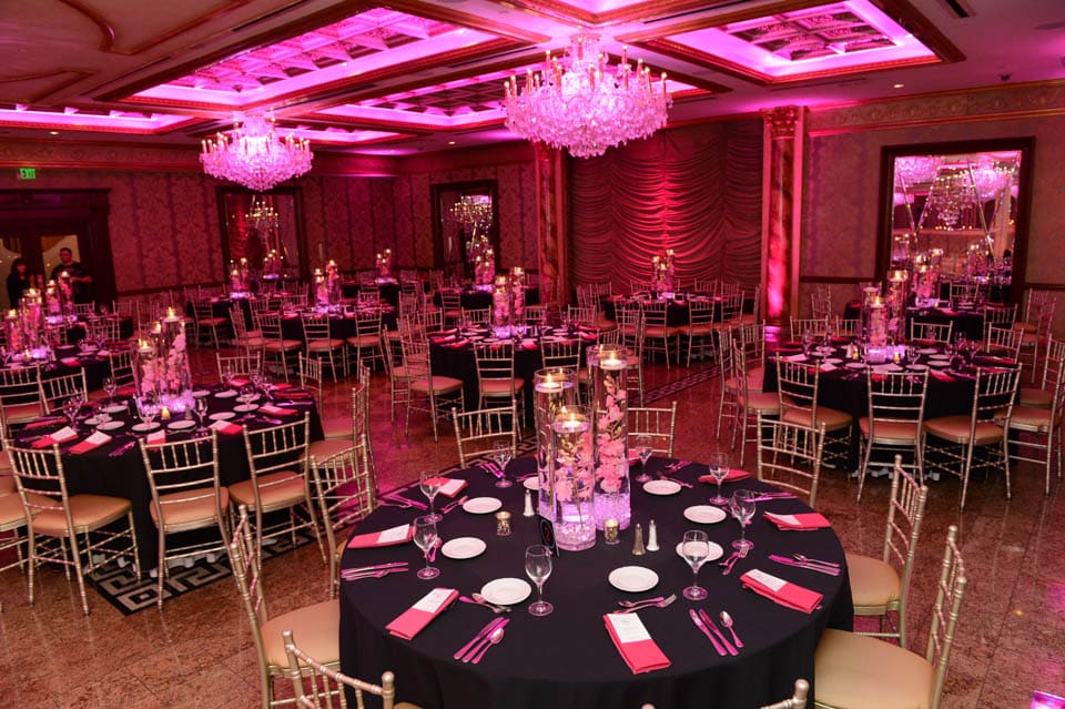 Pink Themed Bat Mitzvah with Orchids in Vases and LED Centerpieces at Seasons Caterers, NJ