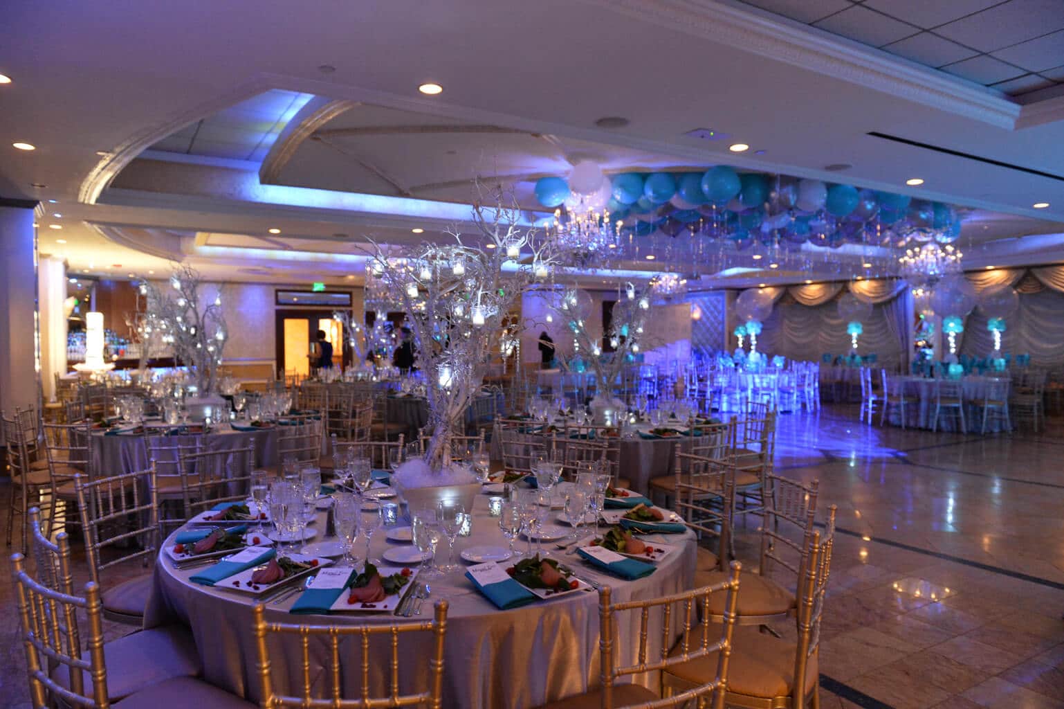 Winter Themed Bat Mitzvah with LED Tree Centerpieces and Ceiling Balloons at Seasons Catering