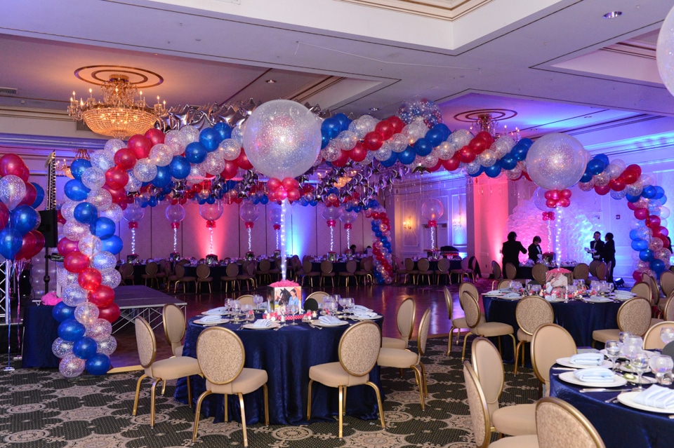Horse Themed Bat Mitzvah with Balloon Wrap Canopy over Dance Floor and LED Uplighting at the Pearl River Hilton, NY