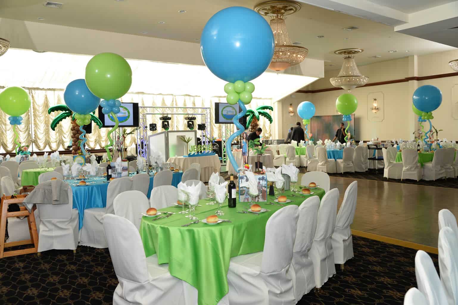 Beach Themed Bat Mitzvah with Themed Centerpieces and Palm Tree Balloon Sculptures at Colonial Inn