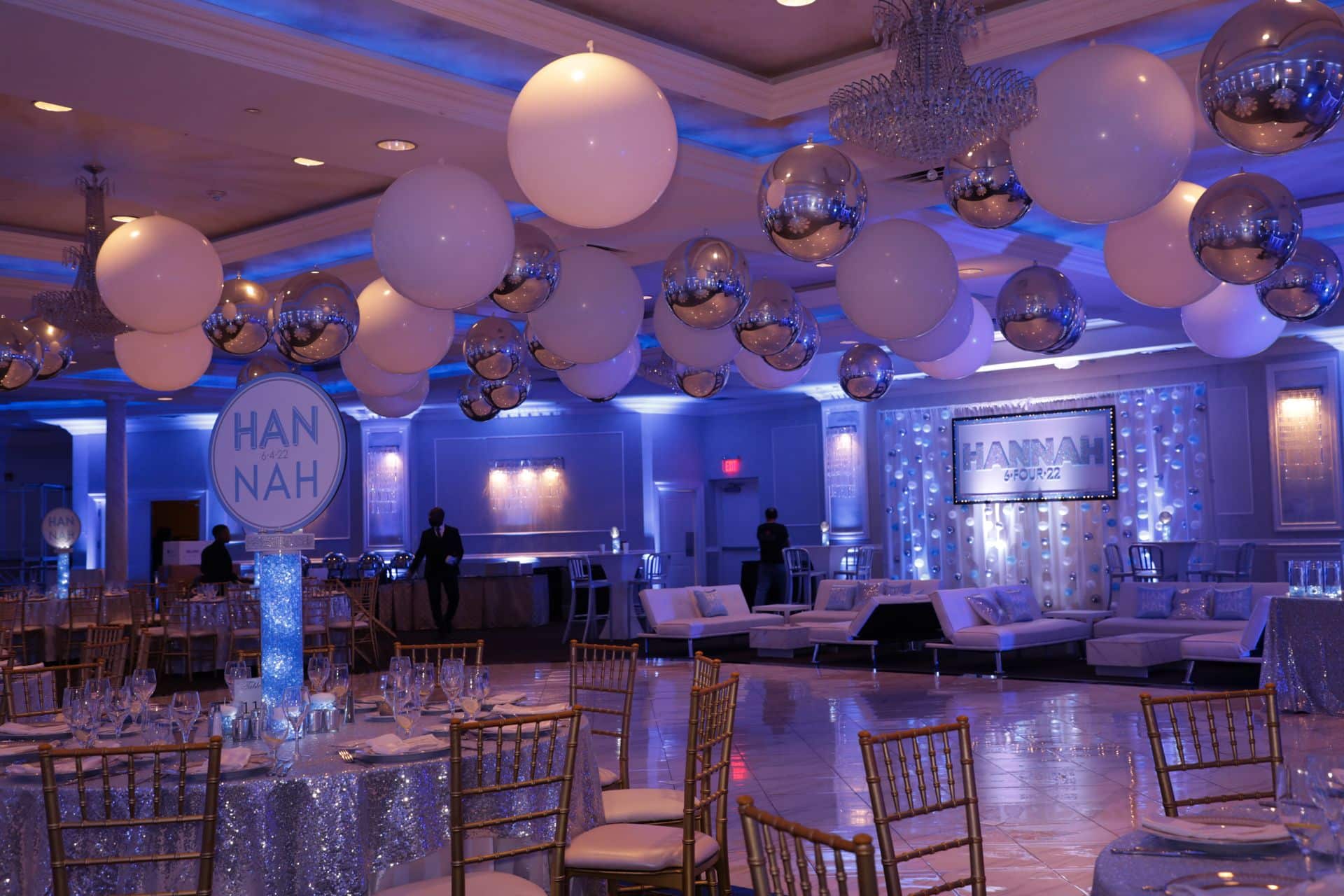 Light Blue and Silver Bat Mitzvah with Large Balloons on Ceiling, LED Bubble Wall with Glittered Backdrop and Uplighting at Wilshire Grand
