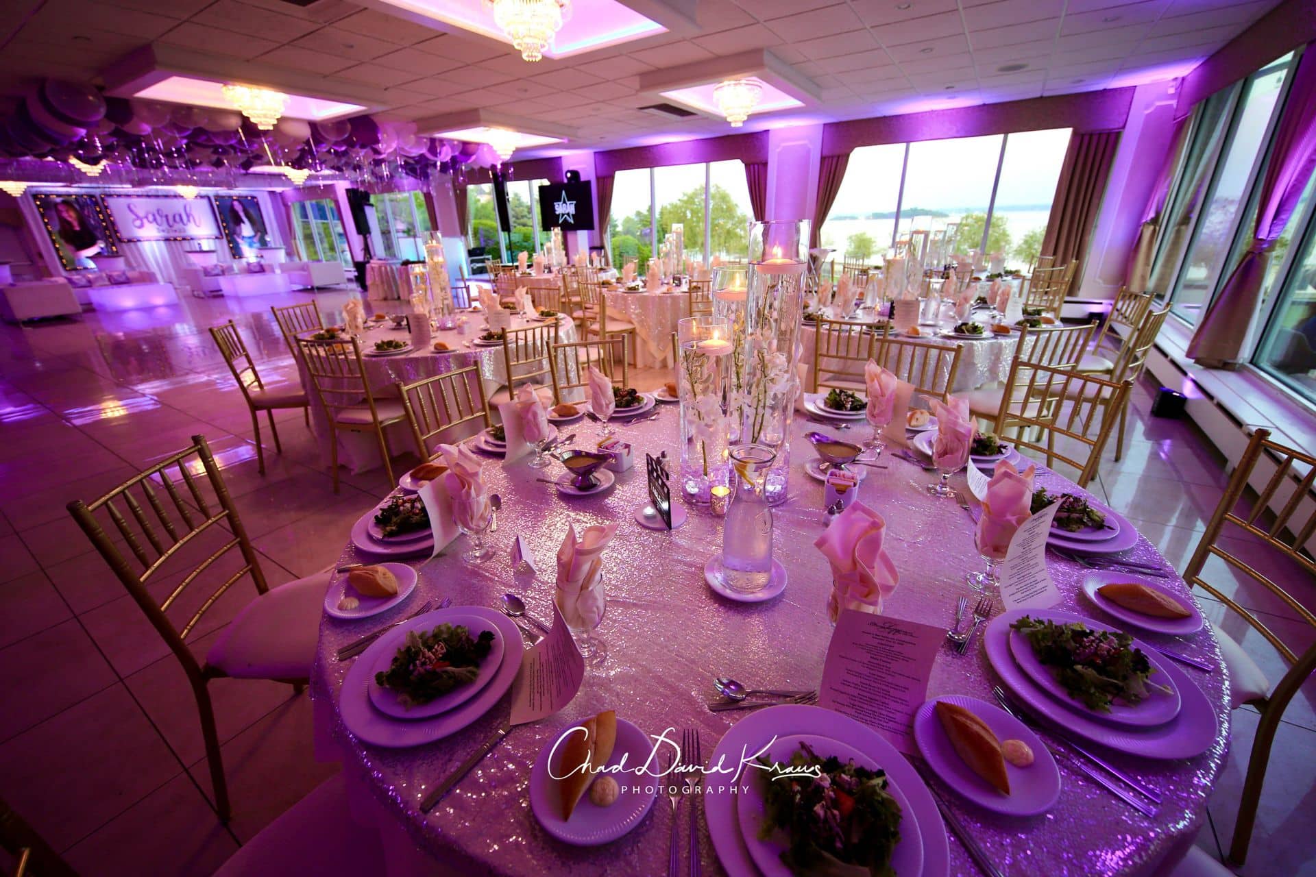 Hollywood Themed Bat Mitzvah with Lavender Lighting and LED Orchid Centerpieces at Davenport Mansion