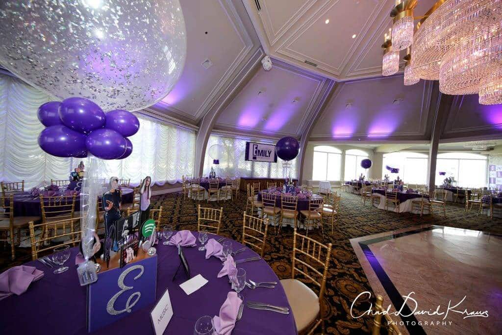 Purple and Silver Bat Mitzvah with 3D Cubes and Topper Centerpieces, Alternating Purple and Silver Sparkle Balloons and a Custom Logo Backdrop at The View on the Hudson, NY