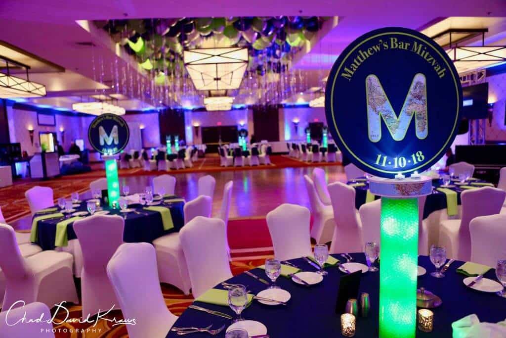 Travel Themed Bar Mitzvah with LED Logo Centerpieces and Loose Ceiling Balloons at the Trumbull Marriott, CT
