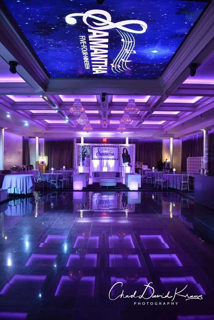 Music Themed Bat Mitzvah with Custom Logo Backdrop and Blowup Photos at Mulinos at Lake Isle