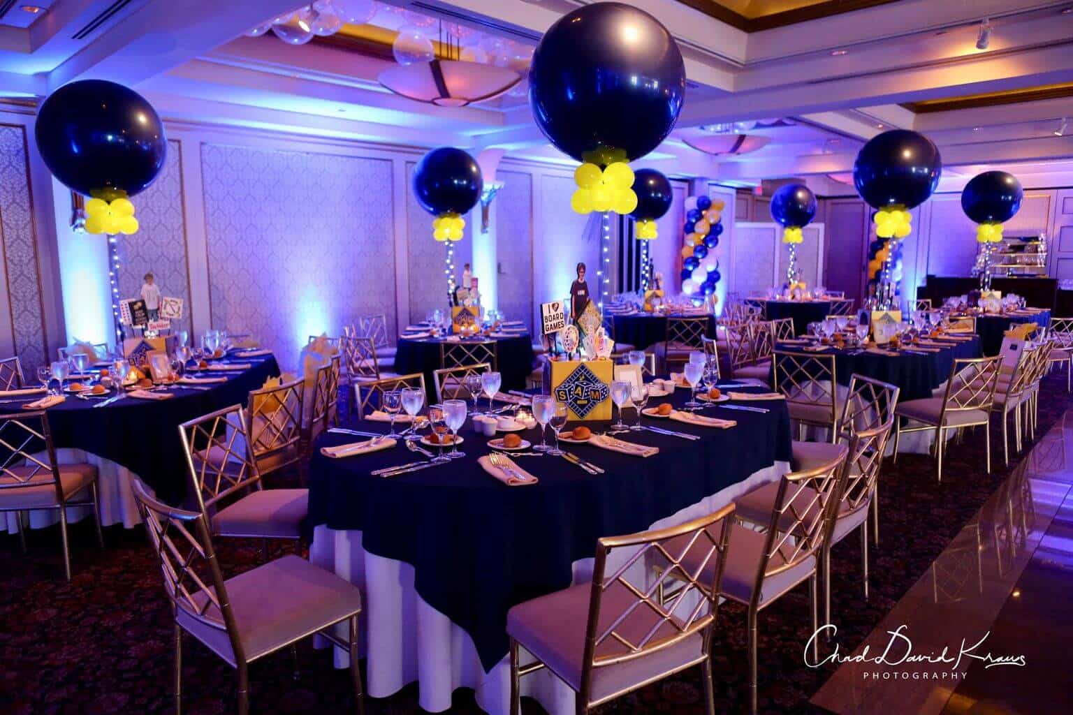 Navy and Yellow Game Themed Bar Mitzvah with Custom LED Centerpieces at Glen Island Harbour Club