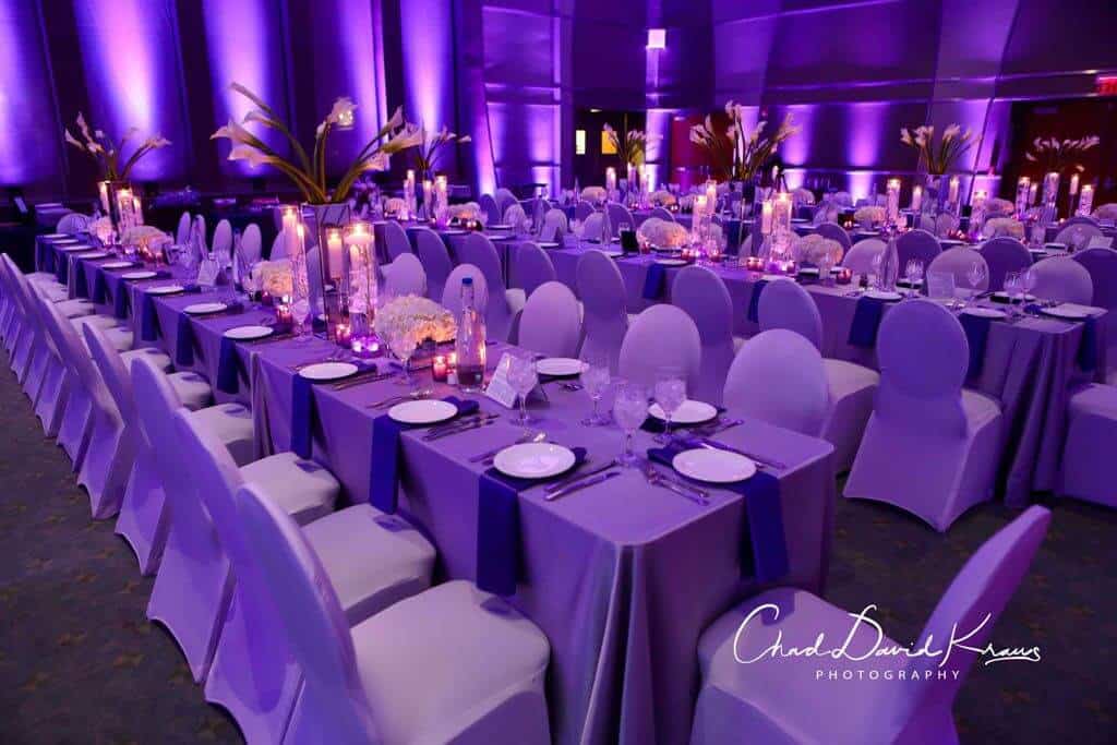 Beautiful Bat Mitzvah Setup with LED Floral Centerpieces and Lavender Uplighting at Kol Ami, White Plains