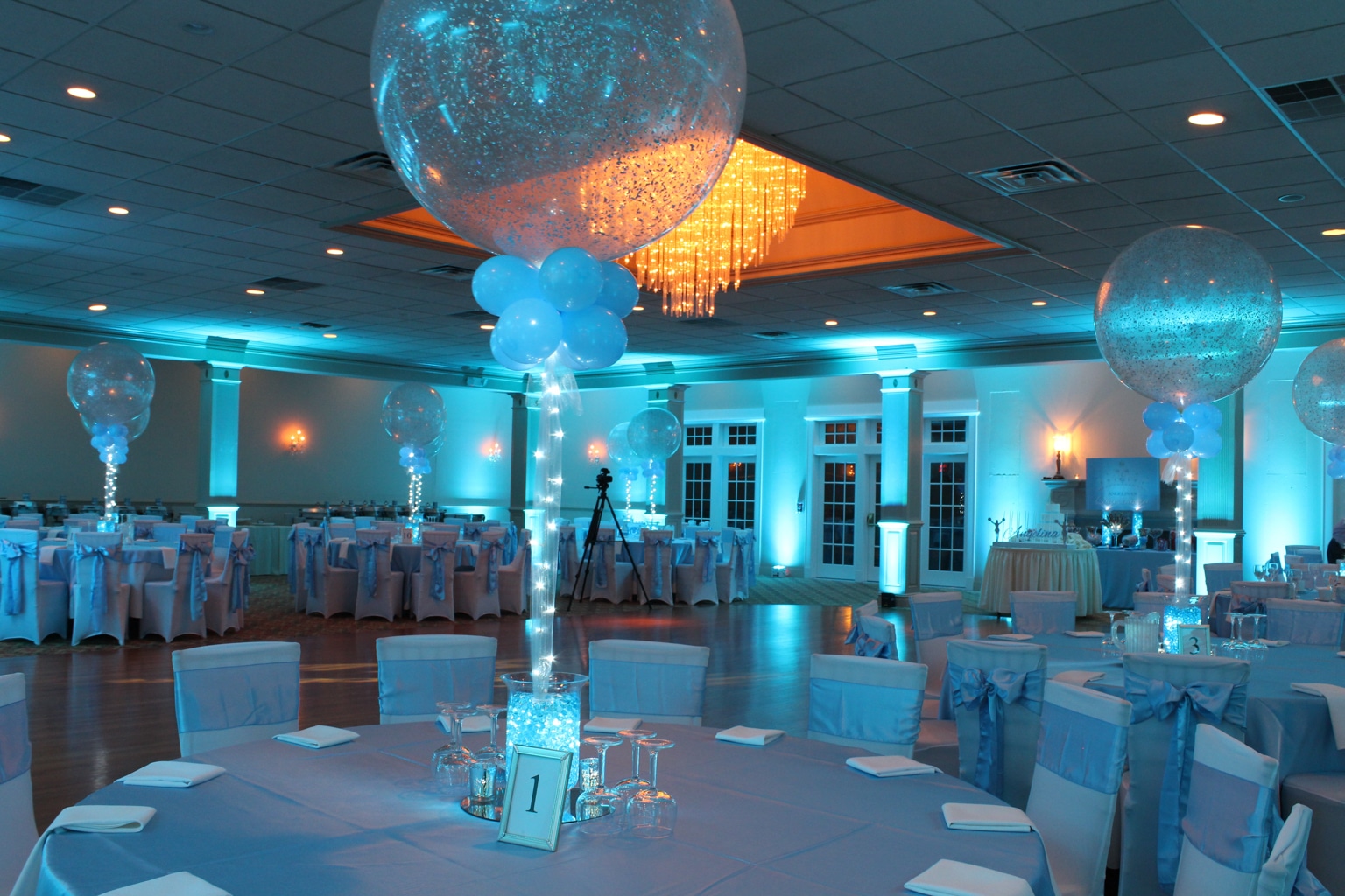 Turquoise Sweet 16 with Aqua Gem and Sparkle Balloon Centerpieces and LED Uplighting at Town and Country Caterers
