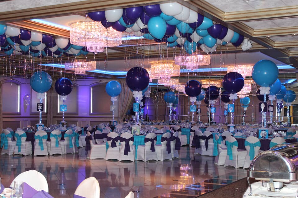 Purple and Turquoise Bat Mitzvah with Alternating Solid Balloon Centerpieces at Royal Manor, Garfield NJ