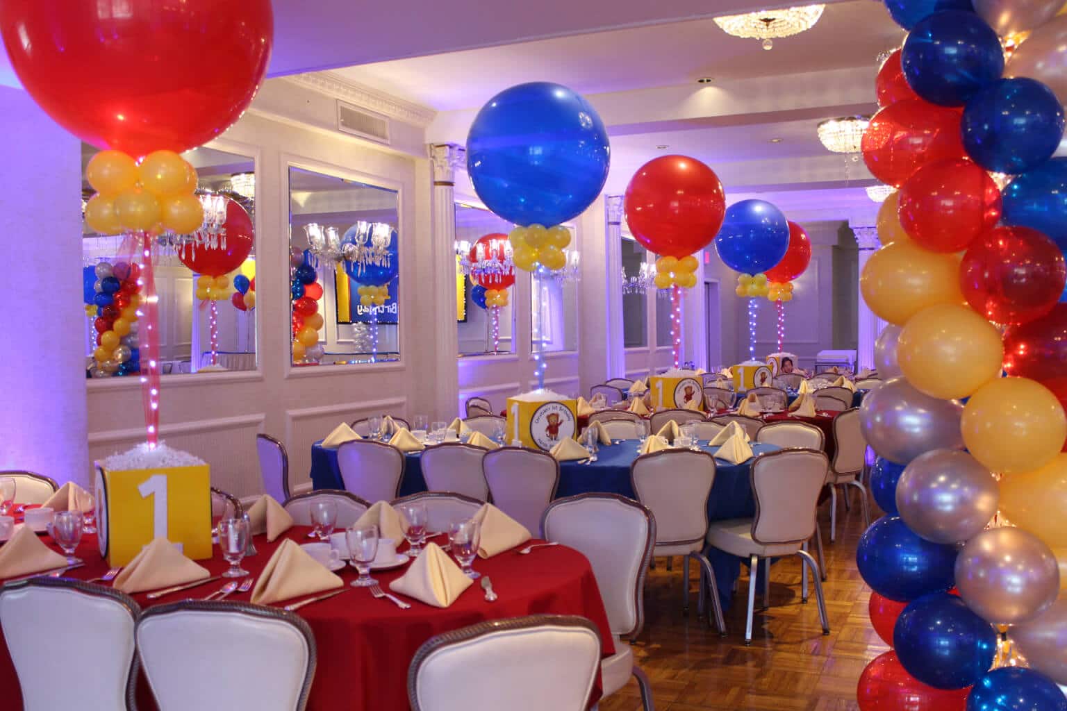 Daniel The Tiger First Birthday with Photo Cube Centerpieces, 36" Balloons and Lights and Balloon Columns at Colonial Terrace