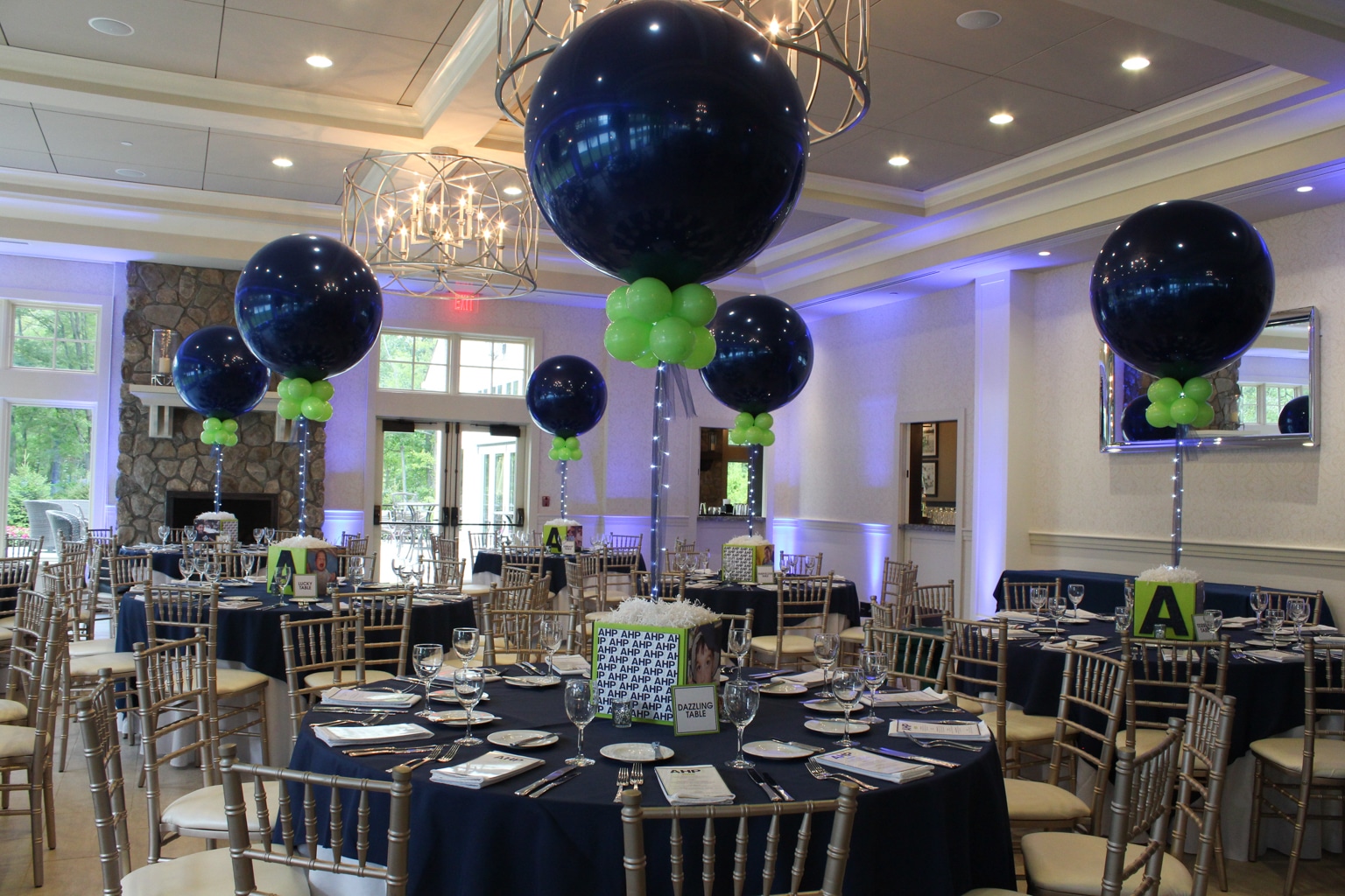 Navy and Lime Bar Mitzvah with Photo Cube Centerpieces at Indian Trails Club